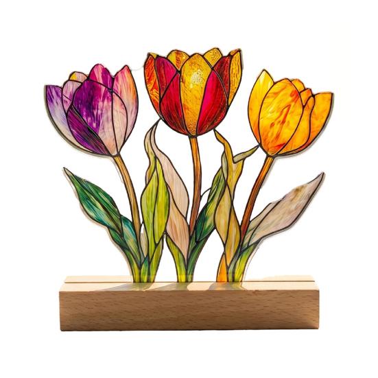 Desktop Decoration Ornaments with Solid Wood Base Acrylic Stained Glass Style Double Sided A