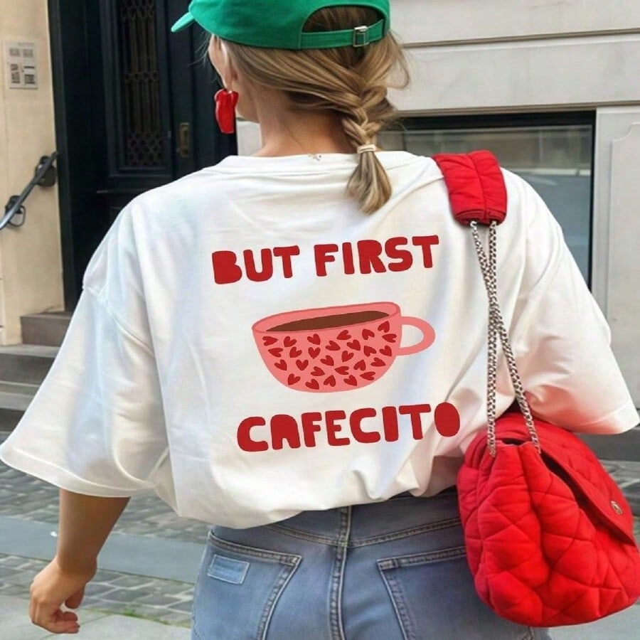 1pc Wounisex's Summer Round Neck Short Sleeve T-Shirt, Pink Heart & Coffee Cup, English Letter Print, Casual Loose Fit Versatile Tee Suitable For Summ
