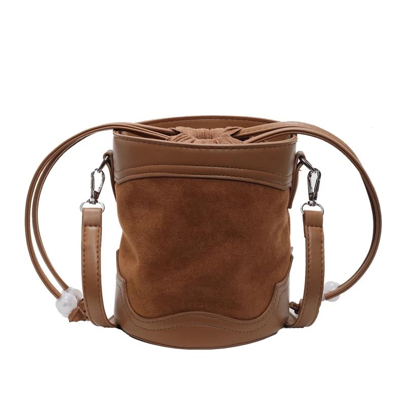 Fake Suede and PU Shoulder Bucket Bag High-quality Solid Rope Large Capacity Autumn New Style Crossbody Bag for Women