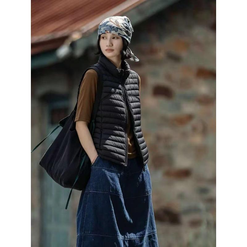 Rib down vest, retro Korean solid color stand-up collar, light and warm, versatile casual sleeveless vest women