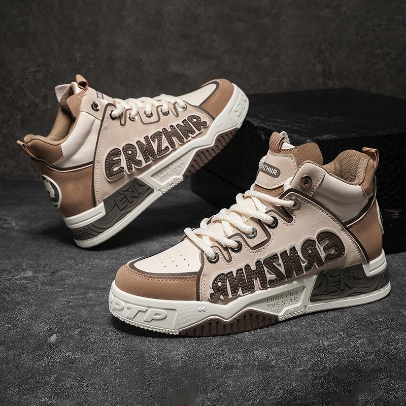 Mens Skate Shoes Flat High-top Leather Comfortable Outdoor Walking Casual Footwear Trendy High-top Lace-up Tennis Sneakers Man
