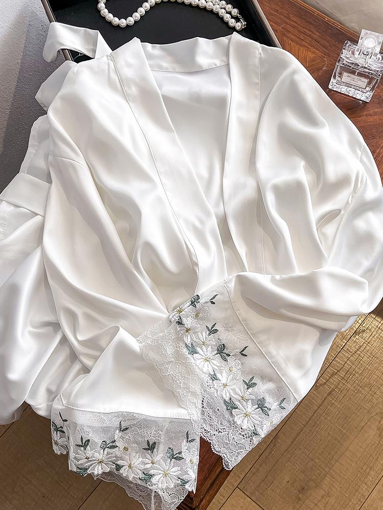 

Women s Mulberry Silk Long Sleeve Lace Bathrobe Pajama XL білий