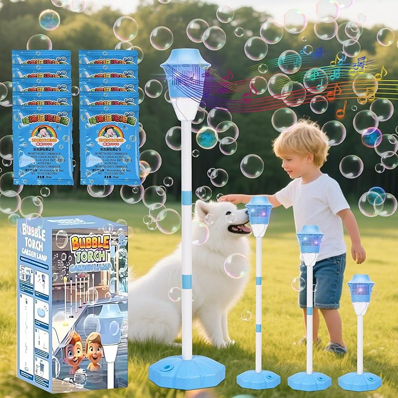 Tiki Torch Bubble Machine Maker Stand, Adjustable Height Magical Bubble Torch Garden Lamp Rechargeable Automatic Endless Bubble Fun for All 1pcs - Blue
