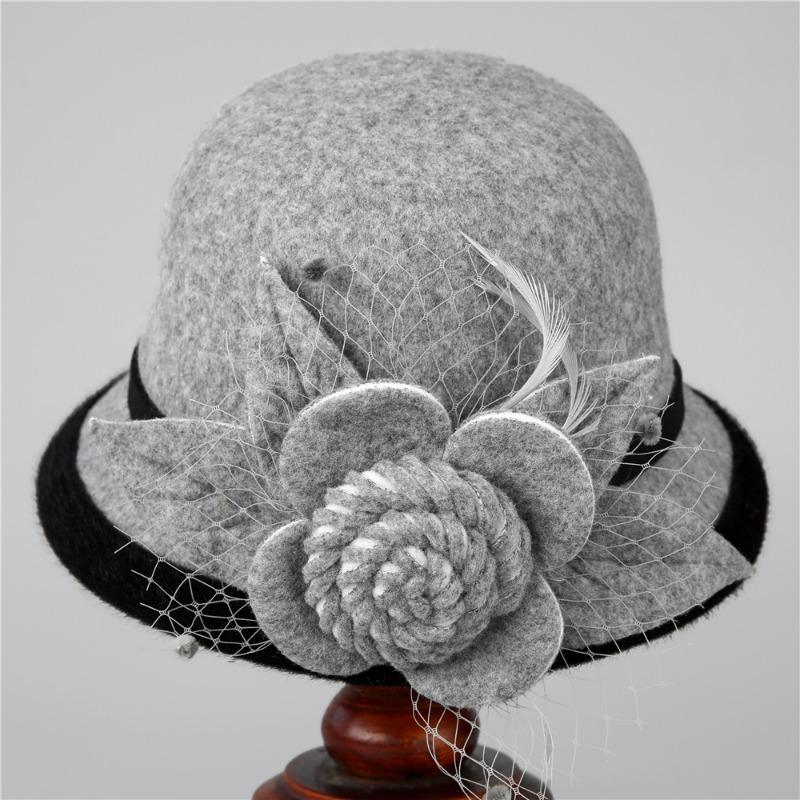 Hats for Women Warm Wool Woolen Hats for Autumn Winter Mother's Temperament Round Top Hats Elegant Retro Mesh Flower Fashion Hats