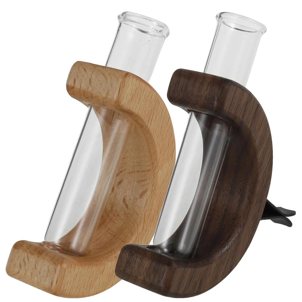 2Pcs Car Flower Test Tube Solid Wood Vase Plant for Car Vent Install Station Flower Decoration Home Glass Auto Air Vent Ornament