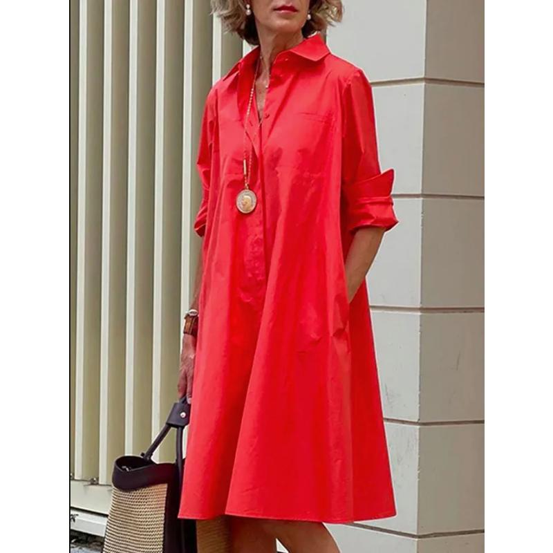 

Autumn Women s Shirt Dress, Long Sleeve Solid Color Midi Dress with Minimalist Design, Office Casual Shift Dress for Daily Wear S