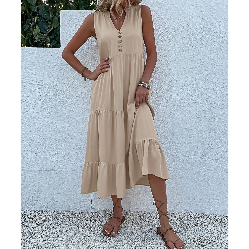 Women Solid Printed Sleeveless V Neck Casual Dress Spring Summer Fashion Daily Wear
