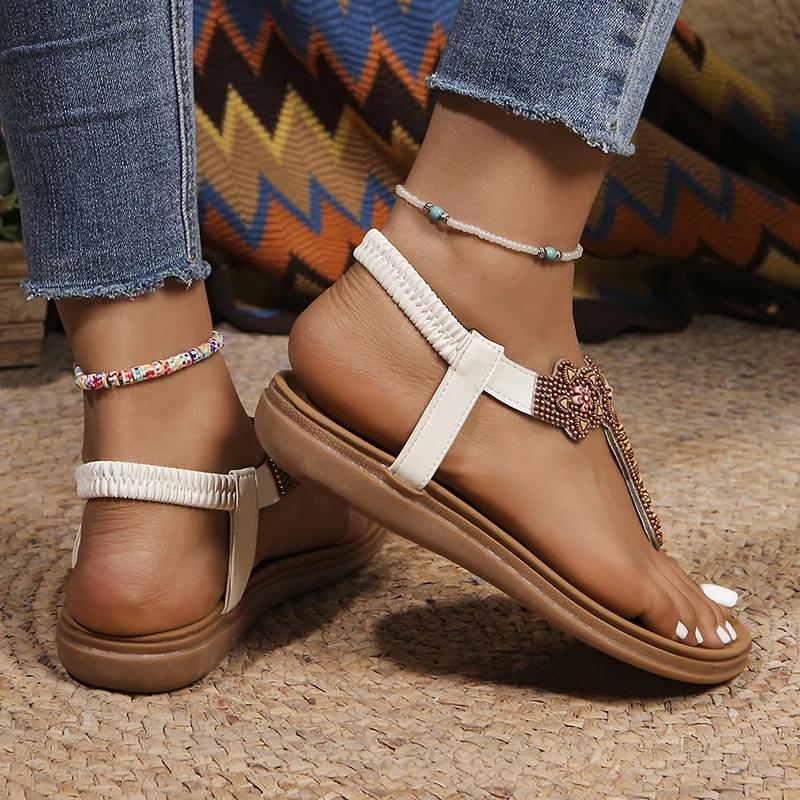 Fashion Bohemian Style Flowers Decor Flats Sandals Women Summer 2025 Clip Toe Non Slip Beach Sandalias Mujer Plus Size Slip On Sandles