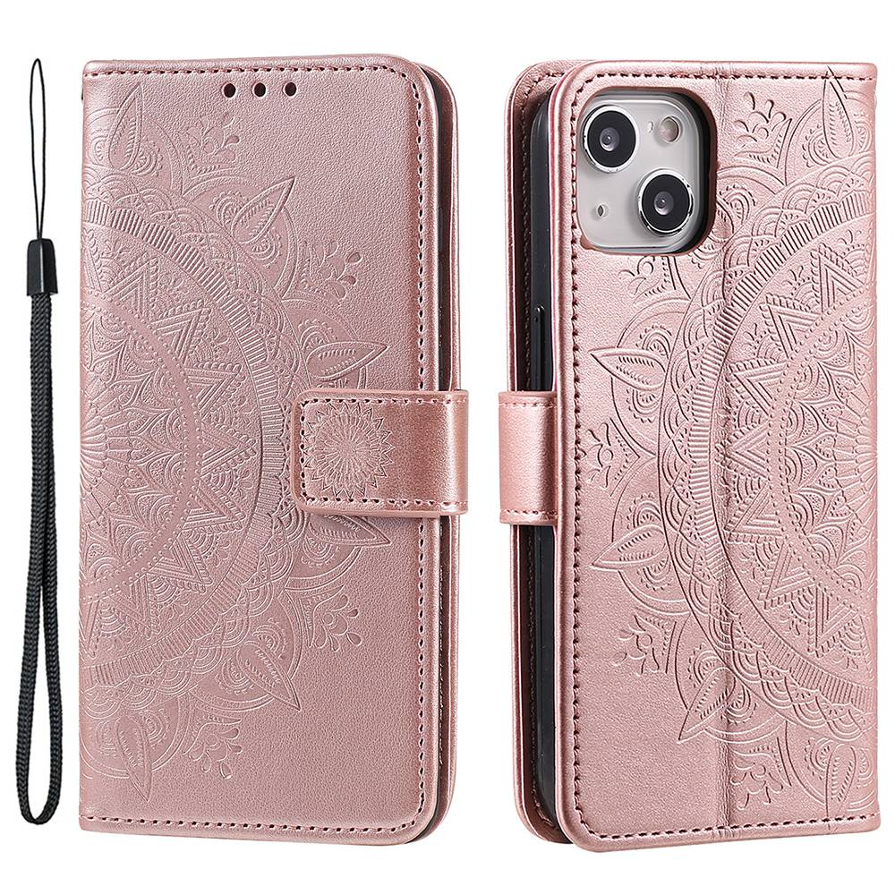 For iPhone 15 PU Leather Stand Cover Mandala Flower Imprint Wallet Phone Case with Strap