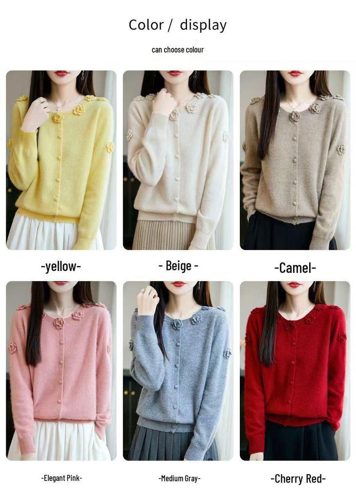 2025 Women's Hand-Crocheted Wool Sweater - Nine Roses Cardigan, Round Neck, Long-Sleeved Coat