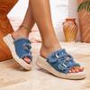 2026 Summer Women's Denim Mid-Heel Wedge Slippers with Thick Sole and Straw Weaving