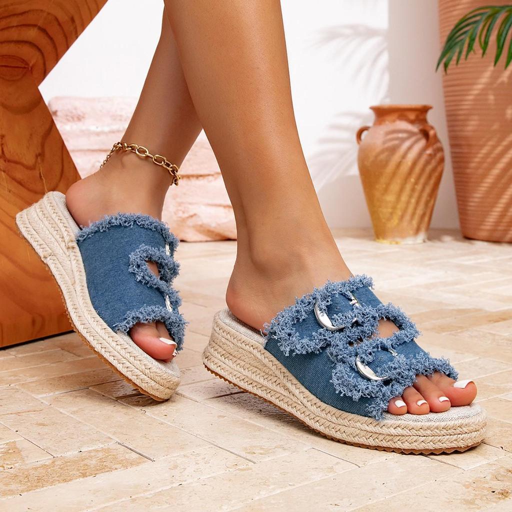 2026 Summer Women's Denim Mid-Heel Wedge Slippers with Thick Sole and Straw Weaving