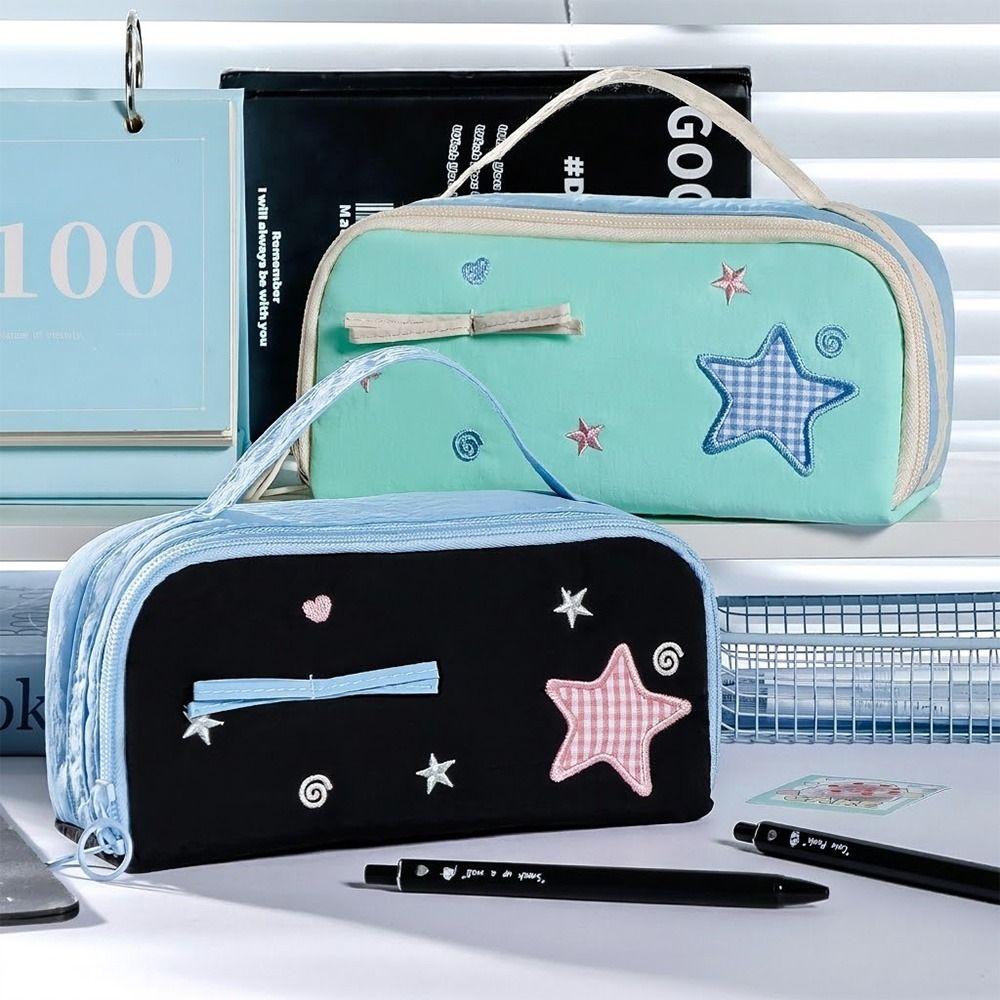 Kawaii With Handle Pencil Case Multi-layer Star Design Pen Bag Large Capacity Pencil Pouch School Supplies
