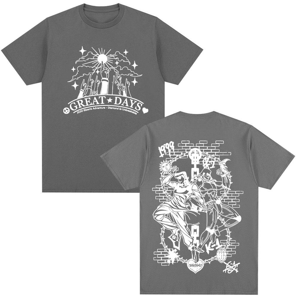 Anime Jojo Bizarre Adventure Higashikata Josuke Great Days T Shirts Unisex Casual Cotton Y2K Short Sleeves Oversized Top Streetwear