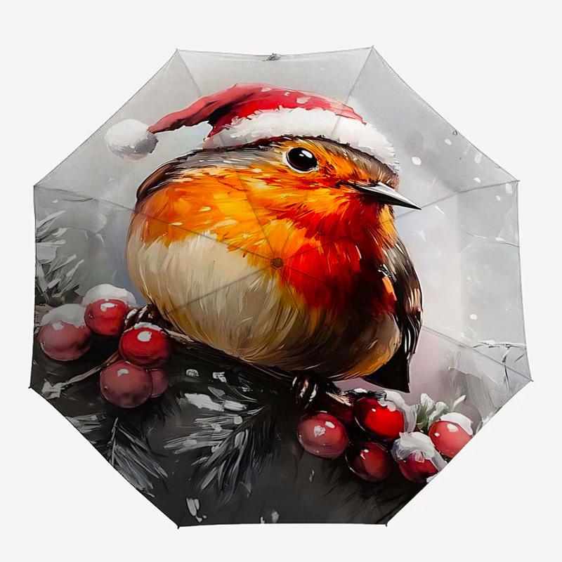 1pc Christmas Robin Santa Hat Automatic Folding Umbrella, Portable 3-Fold Design with 8-Bone Iron Frame, Outdoor, Gift for Fans, Travelers, Daily Use.