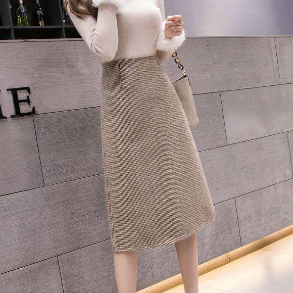 A-line Houndstooth Woolen Skirt - High Waist, Plus Size, Over-the-Knee, Autumn/Winter