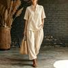 Women's Casual Loose Fit Short Sleeve Top and Pants Set with Stand Collar for Everyday Wear