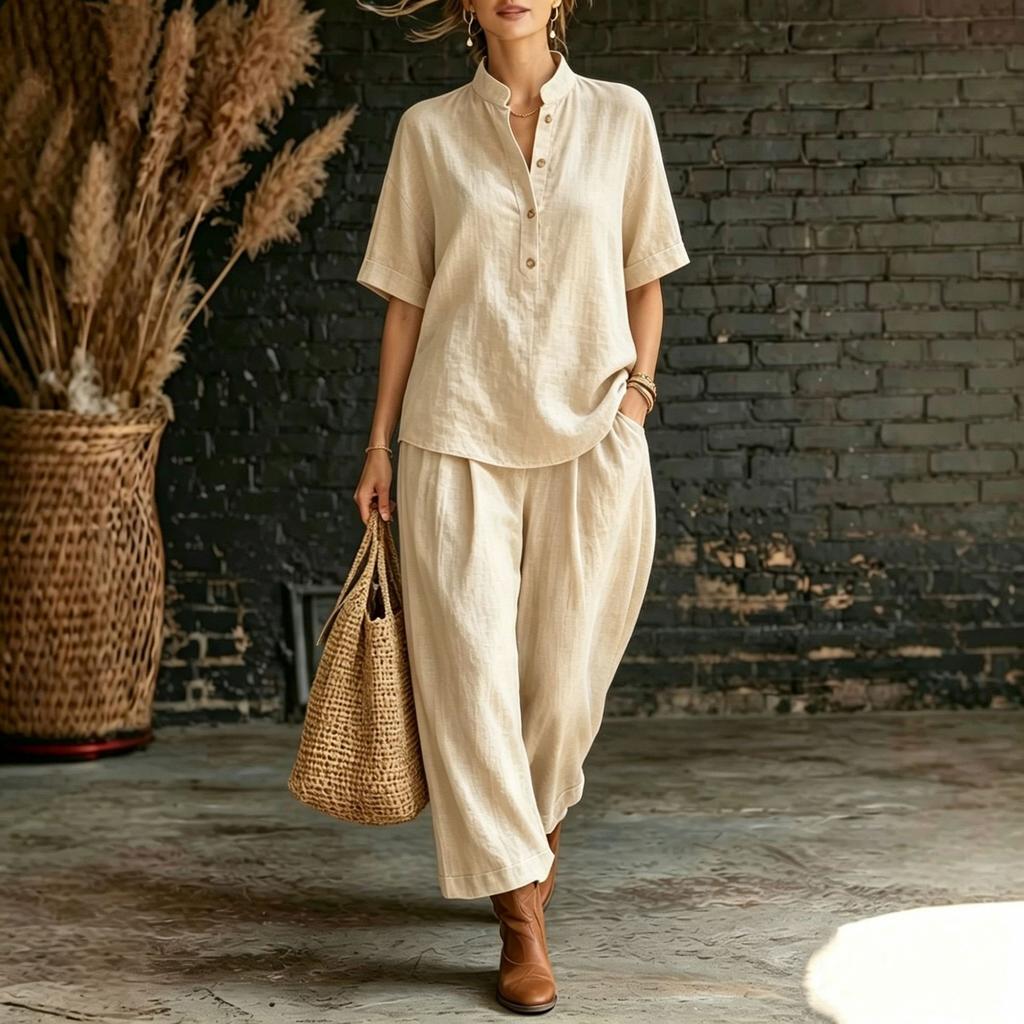 Women's Casual Loose Fit Short Sleeve Top and Pants Set with Stand Collar for Everyday Wear