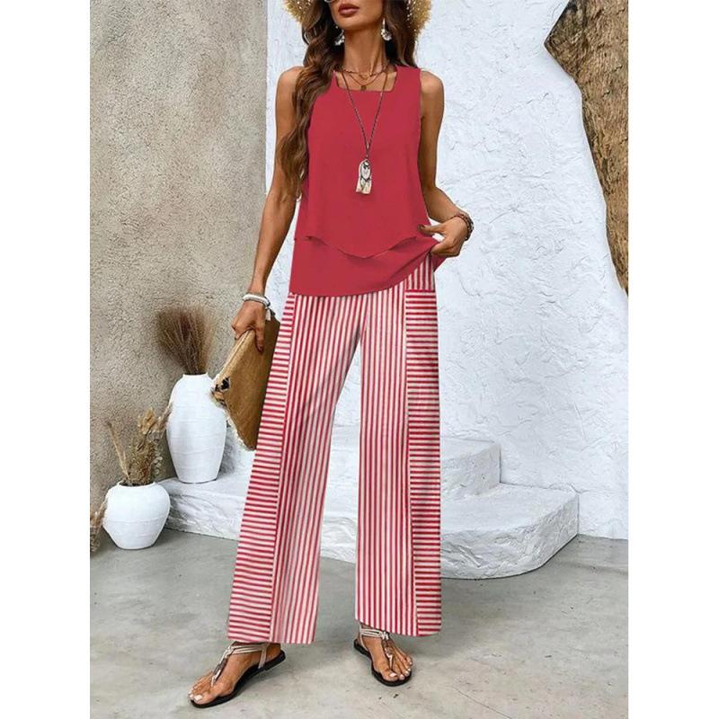 Women's Loose Fit Two Piece Outfit Sleeveless Tank Top High Waist Wide Leg Pants Set With 3D Abstract Print For Casual Summer Daily Wear