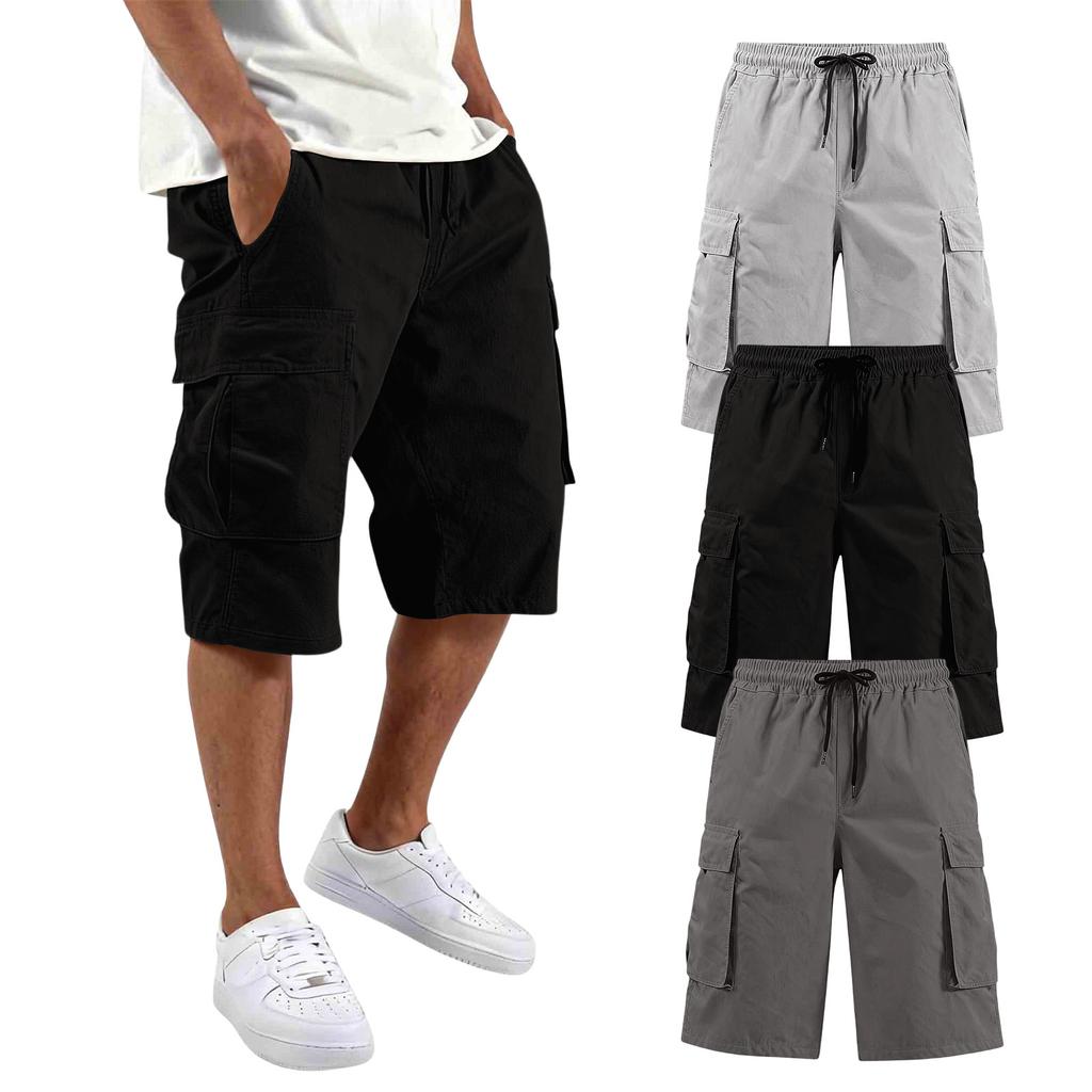 Mens Cargo Shorts 3 Pack Multi Pocket Drawstring Waist Relaxed Fit Knee Length Workwear Shorts for Daily Wear