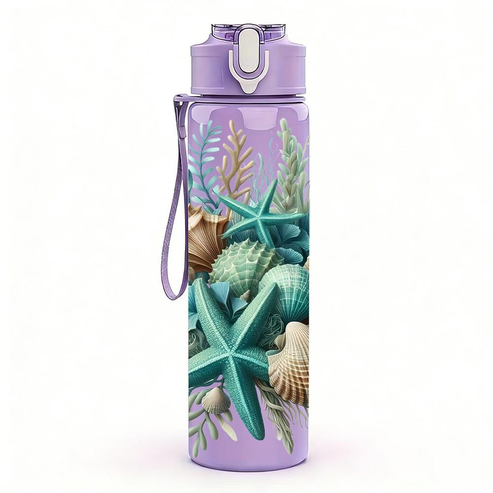 1PC Seashell Coral Ocean Collection 750ml Color Plastic Sports Water Bottle Leakproof Flip Straw Lid Suitable for Sports Office Home Use