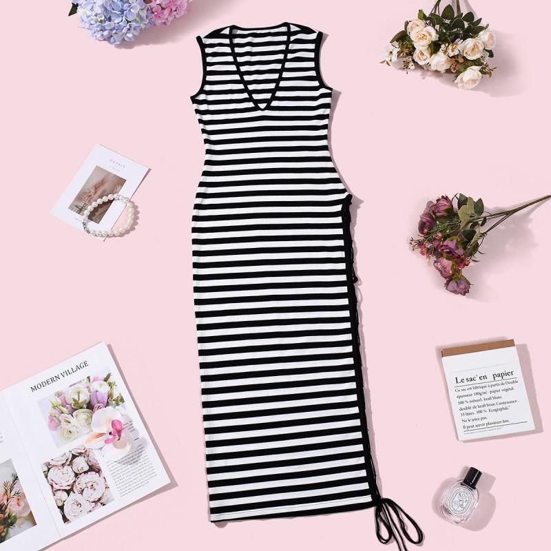 Sexy Striped Sleeveless Mesh Dress Slim Fit Deep V Neck Party Daily Wear