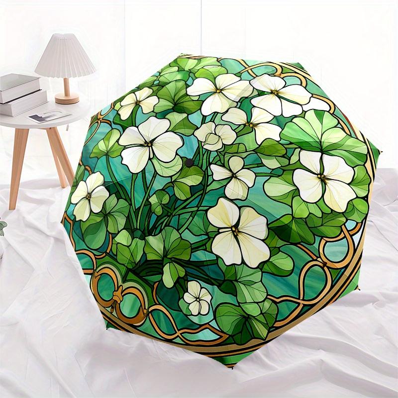 Stained Glass Window Panel with White Flowers and Green Leaves Decorative Artwork for Home or Garden Decoration (Circular) Umbrella, Hallo