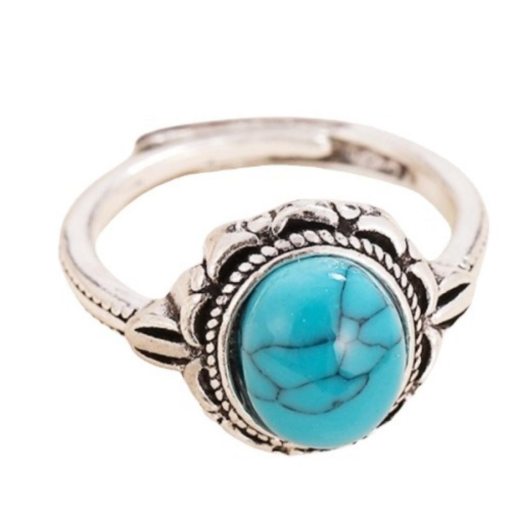 Vintage Ring Oval Turquoise Ring Ethnic Style Adjustable Ring
