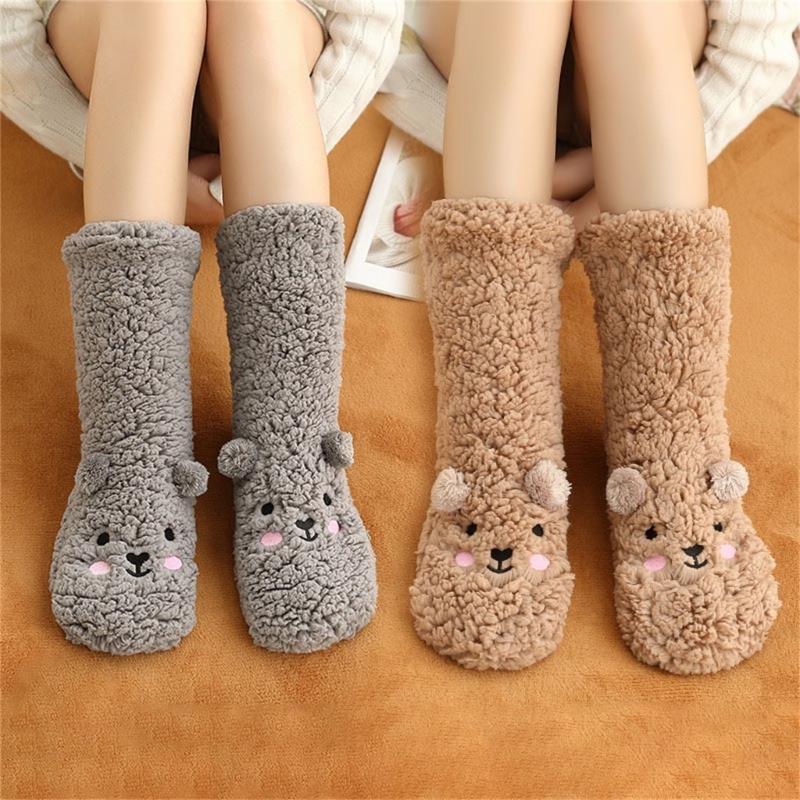 Women Winter Cute Bear Embroidery Fuzzy Slipper Socks Non Slip Warm Socks with Grips Furry Plush Sock for Home Sleeping