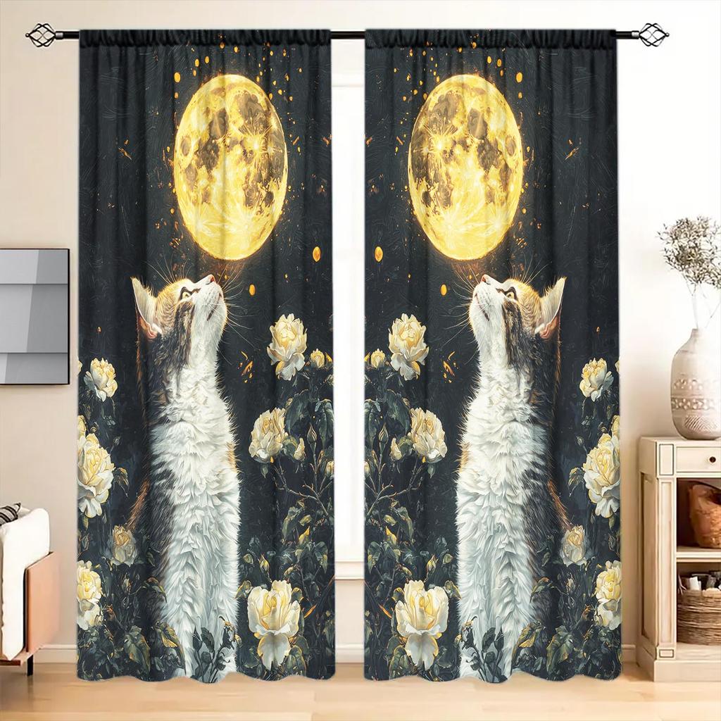 2 Panels Beautiful Cat and Moon Pattern Window Curtains - Heat-insulating   Suitable for Decorating Curtains In Various Rooms