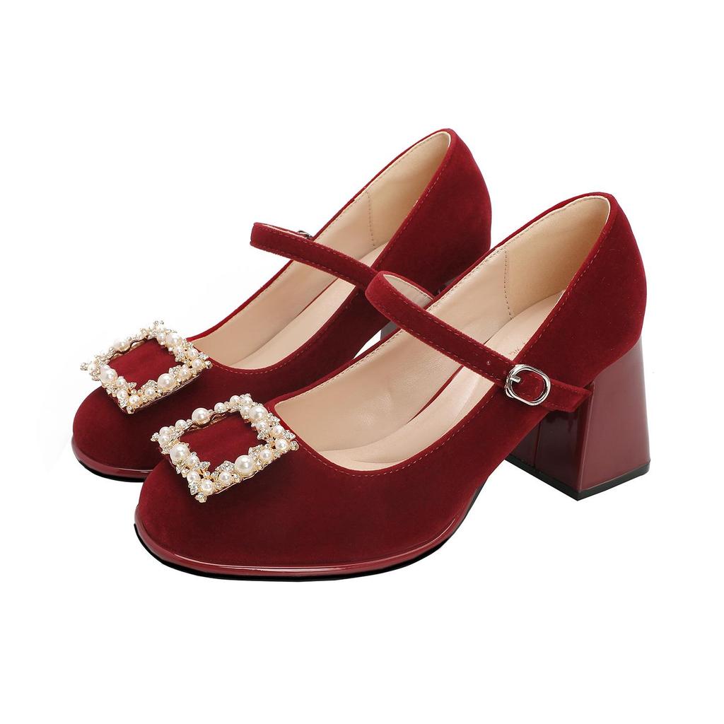 MZ-81 Brautschuhe mit Blockabsatz für breite Füße - Rote Braut-High Heels mit französischer Carré-Schnalle, bequem und stilvoll.