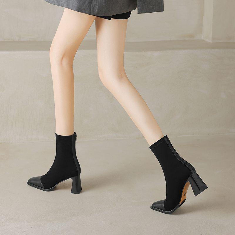 Krazing Pot Cow Skin Autumn Winter Shoes Square Toe Mixed Color Thick High Heels Zipper Chelsea Boots Women Stretch Ankle Boots
