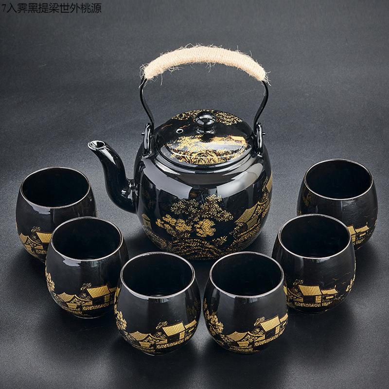 

Большой чайный сервиз с черной глазурью, простой керамический горшок с балкой, набор из целого чайника, чайный сервиз, набор из чайника и чашки