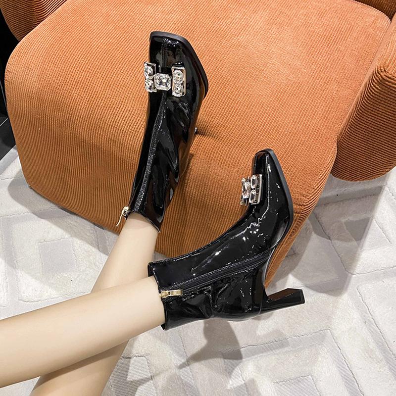 Modă 2024 toamnă și iarnă noi botine negre cu toc înalt cu vârf pătrat, modă pentru femei, fermoar lateral cu diamant, cizme de modă care se potrivesc cu totul