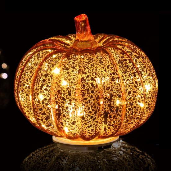 LED Pumpkin Lantern with Built-in Smart Timer Soft Warm Glow Battery-Powered Glass Pumpkin Shape Lantern Home Halloween Decor