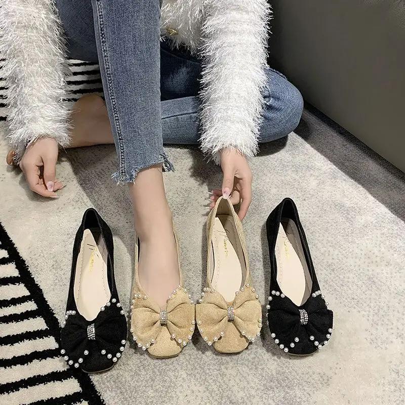 Fashion Square Toe Wear Resistant With Heel Women's Flat Shoes Pearl Anti-slip Casual Shoe Beau Today Spring Discount On Ladies Footwear