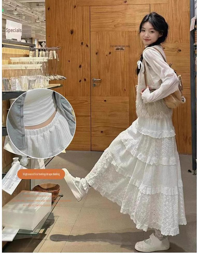 Women's Spring 2025 High Waist Medium Length White Skirt - Elegant and Fluffy Style