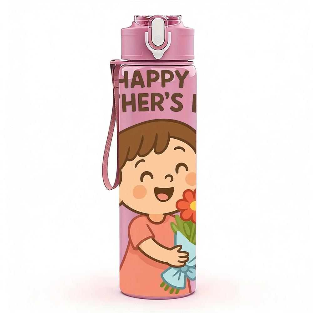 1PC Happy Mothers Day Girl Flower Print 750ml Color Plastic Sports Water Bottle Leakproof Flip Straw Lid Suitable for Sports Office Home Use