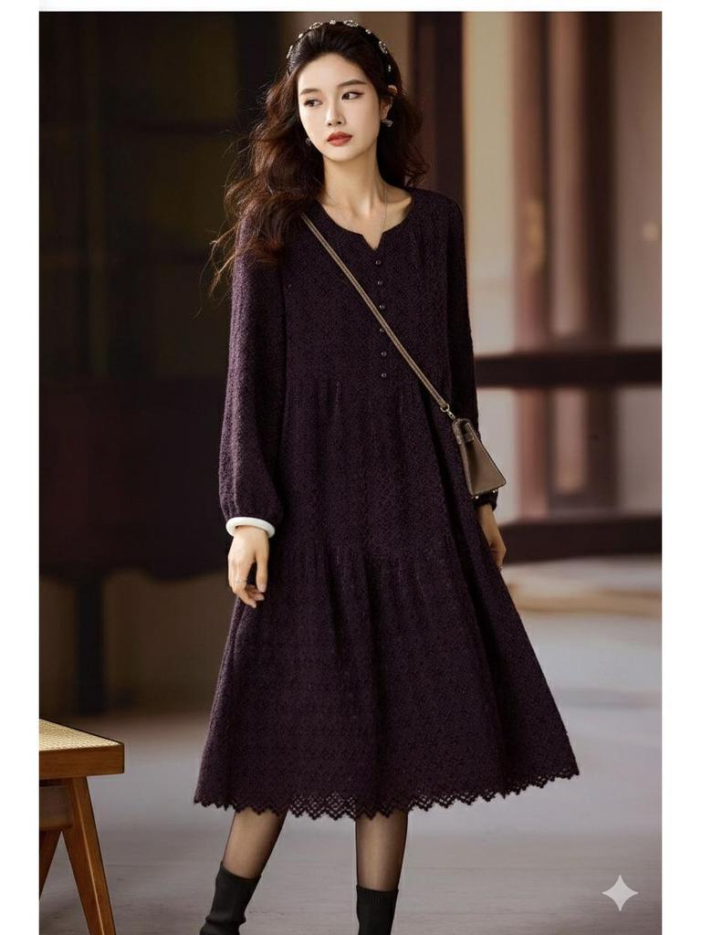 Elegant Plus Size Lace Long-Sleeve Dress for Women - 2025 European Autumn Collection