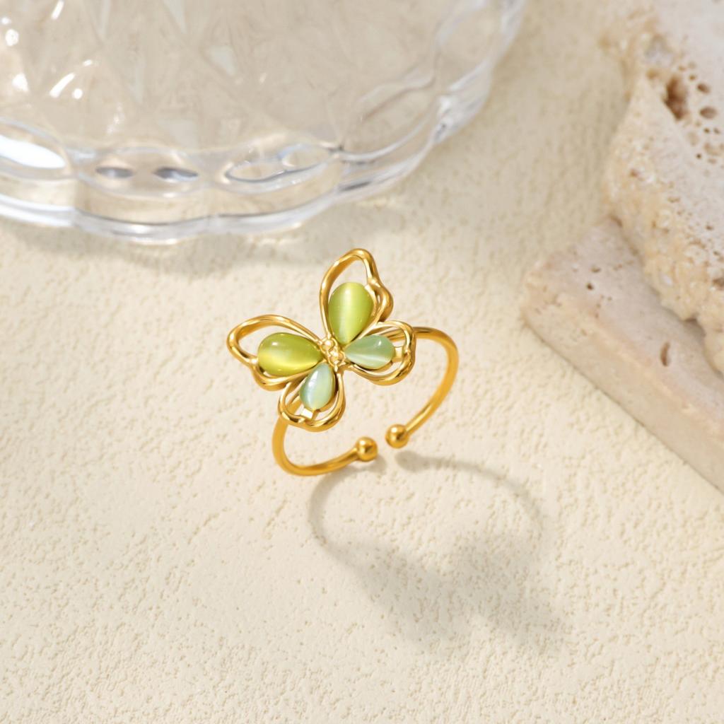 Stainless Steel Tiny Butterfly Opening Rings Women Vintage Turquoise Geometric Flower Anillos Gold Color Jewelry Christmas Gift