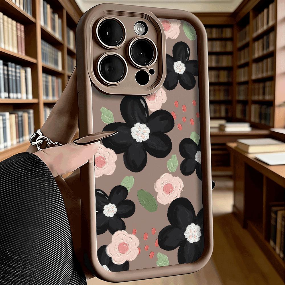 Black and Pink Floral Pattern Phone Case for iPhone 17 16 15 14 13 12 11 Pro Max Plus Anti Scratch, Gel Flexible Protective
