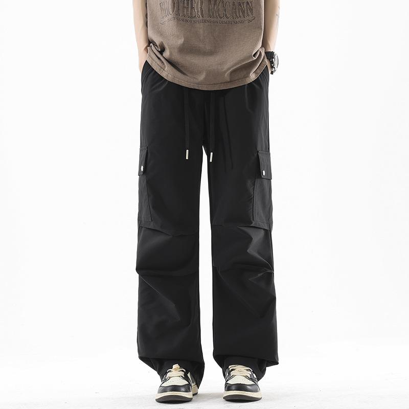 Summer new cool and breathable tooling casual pants thin men's fashion loose straight elastic waist long pants