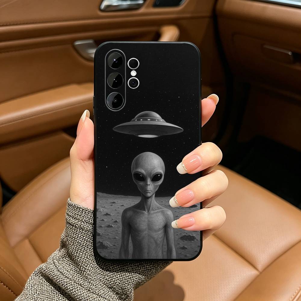 Singular Space UFO A-Alien-ES Phone Case For Samsung S25,S24,S21,S22,,Plus S23,S30,Ultra,S20,Fe,Lite,Black Soft Silicone