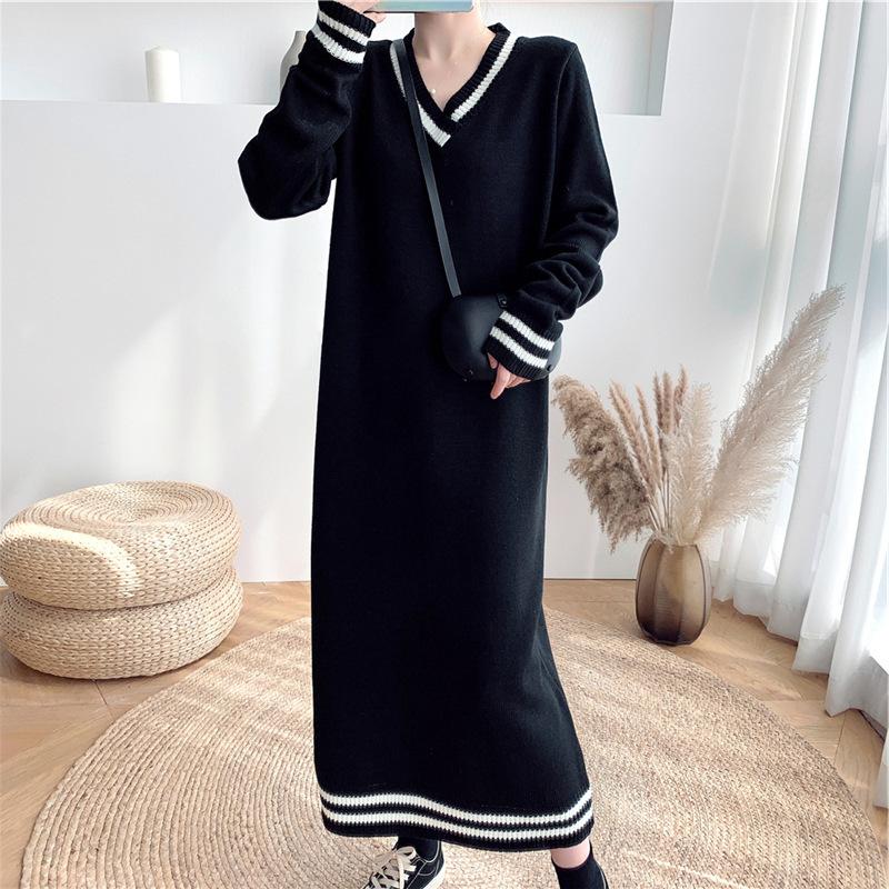 

GMXIA Женский длинный джемпер большого размера с V-образным вырезом, женский, осень и зима, новый свободный с пальто, длиной до колена, трикотажное платье One size чёрный