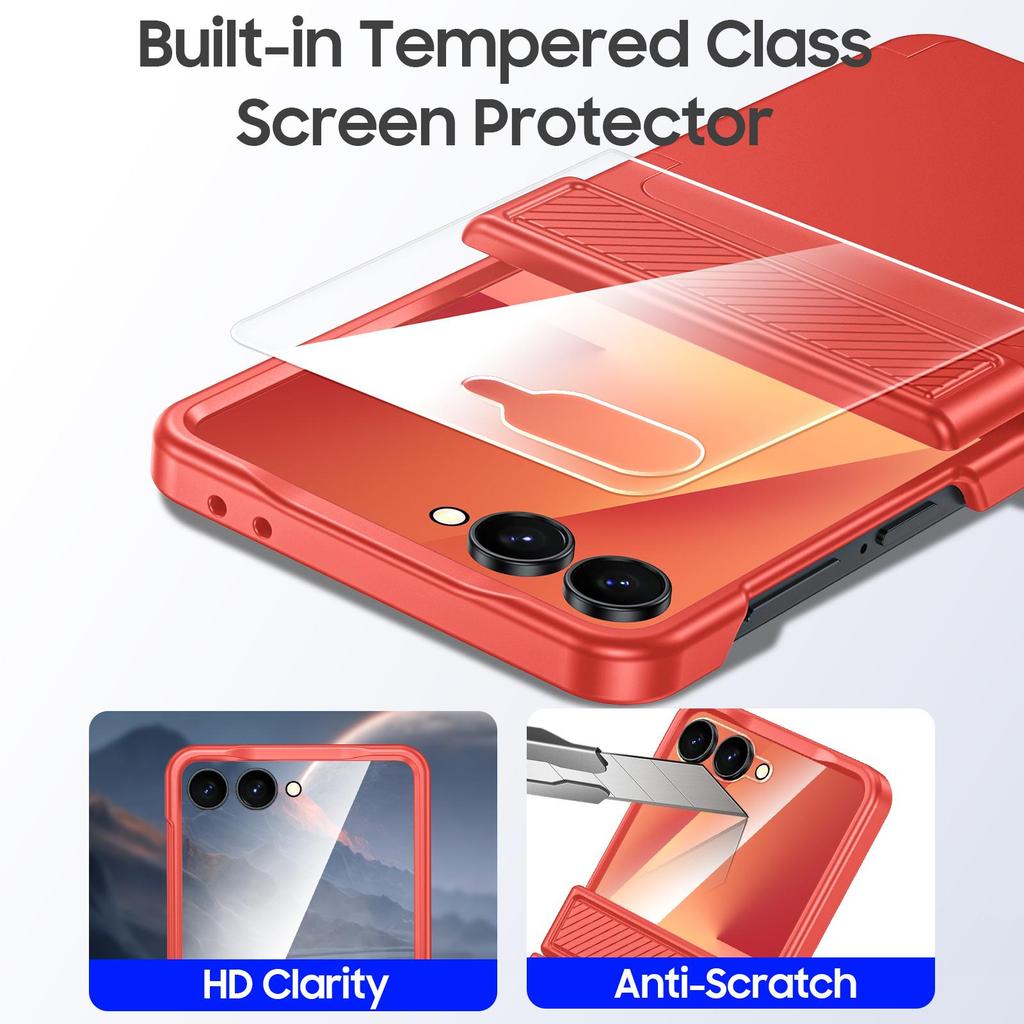 For Samsung Galaxy Z Flip 7 with Card Holder [RFID Blocking] & Hinge Protection & HD Screen Protector,Rugged Anti-Scratch Phone Case-Rose Red