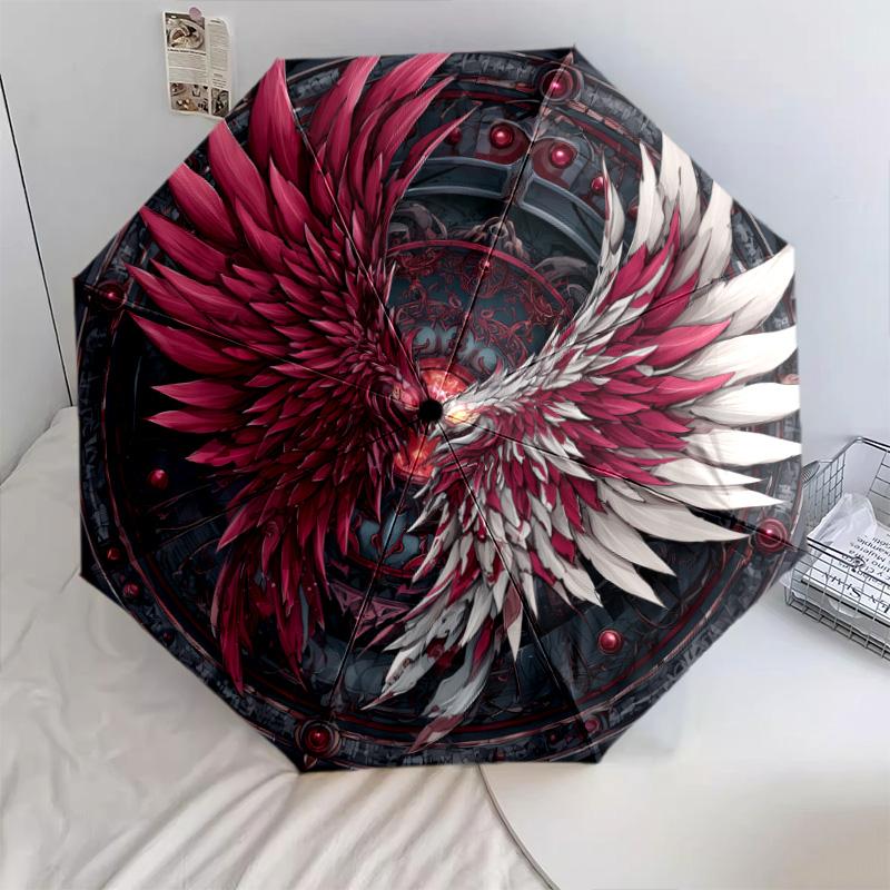 Feather Wings pattern, automatic folding umbrella, portable and foldable design, 8 ribs, a Christmas or birthday gift.