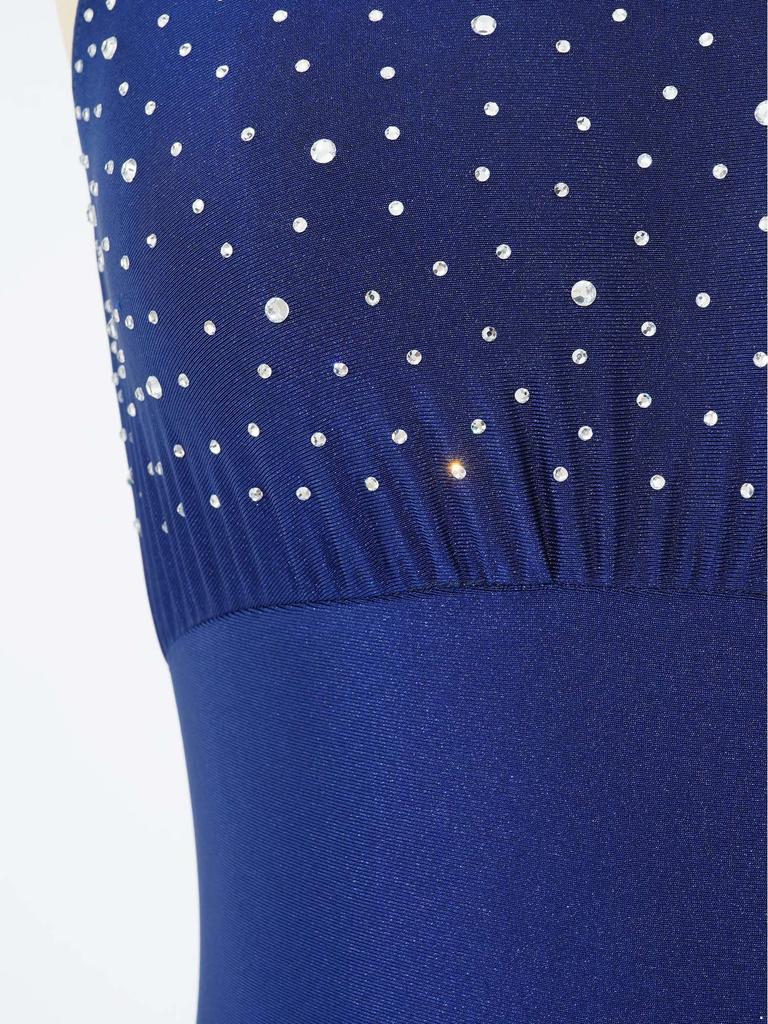 Shiny Rhinestone Lyrical Dance Dress Women Halter Sleeveless Keyhole Back Asymmetrical Mesh Built-in Briefs Figure Skating Performance