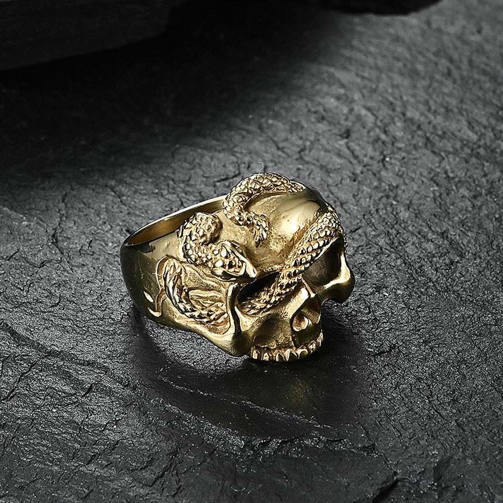 Gothic Stainless Steel Skull Snake Ring for Men Punk Hip Hop Steel/Gold Color Skull Rings Fashion Jewelry Gift Wholesale