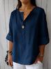 European Chic V-Neck Cotton Linen Mid-Sleeve Top for Plus Size Women - Spring/Summer