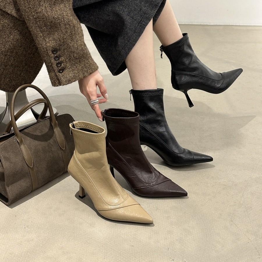 Pointed Heel High Heel Boots Pile Boots Pleated Boots Women's Medium Boots Knight Boots Western Short Boots